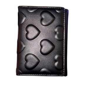 Black Heart Faux Leather Tri Fold Wallet Embossed Heart Pattern Women